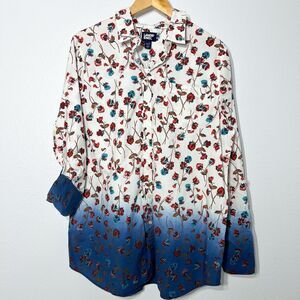 Lands' End Floral Tunic Top Large Tall Ombre Button Up Natural Mature Office Art